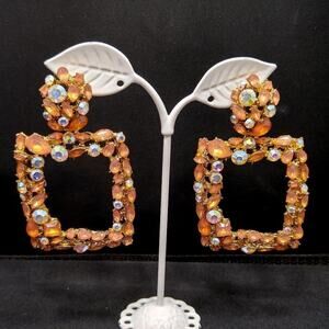 Peachy Pink Aurora Borealis Rhinestone Chunky Post 1980s Earrings, 3 Inches